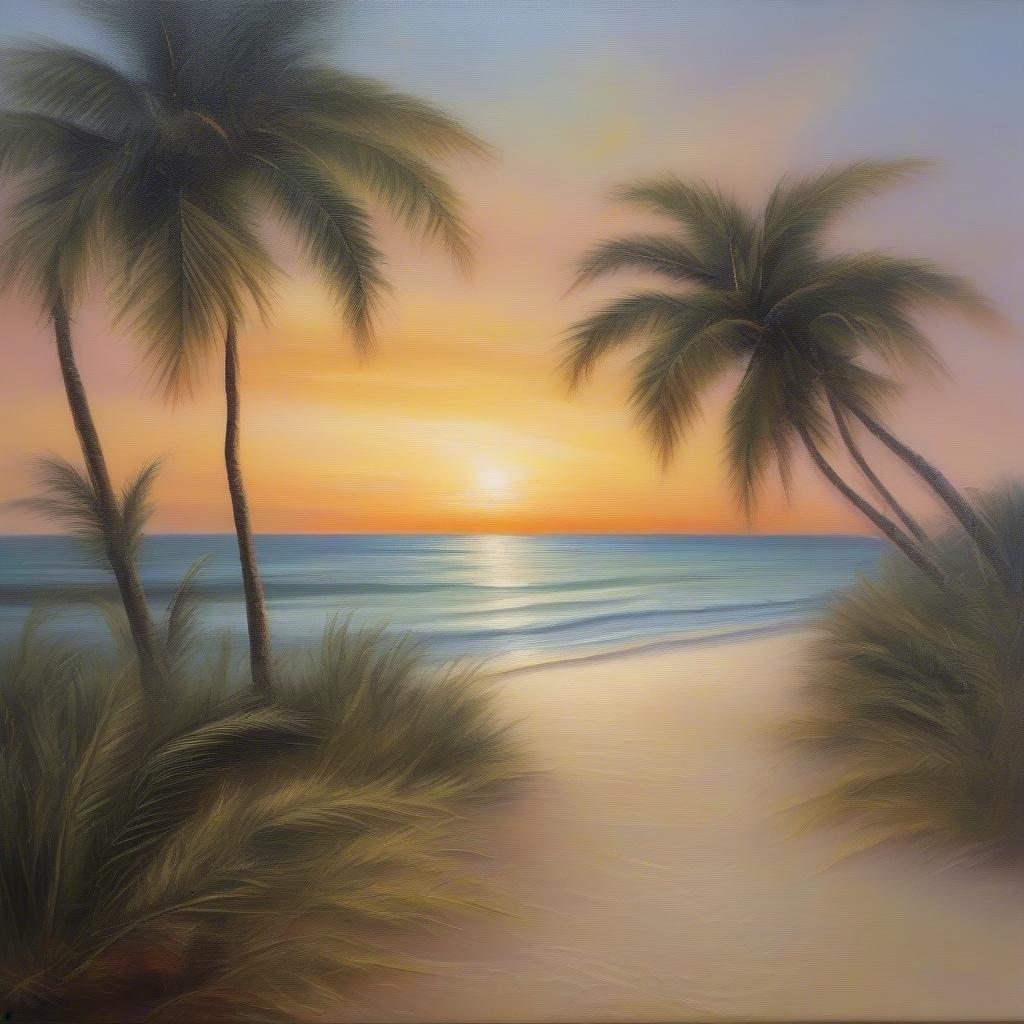 Escape to a tropical paradise with this stunning wallpaper featuring a serene beach scene at sunset. The warm hues of the sky and the gentle waves create a peaceful atmosphere, perfect for relaxation.