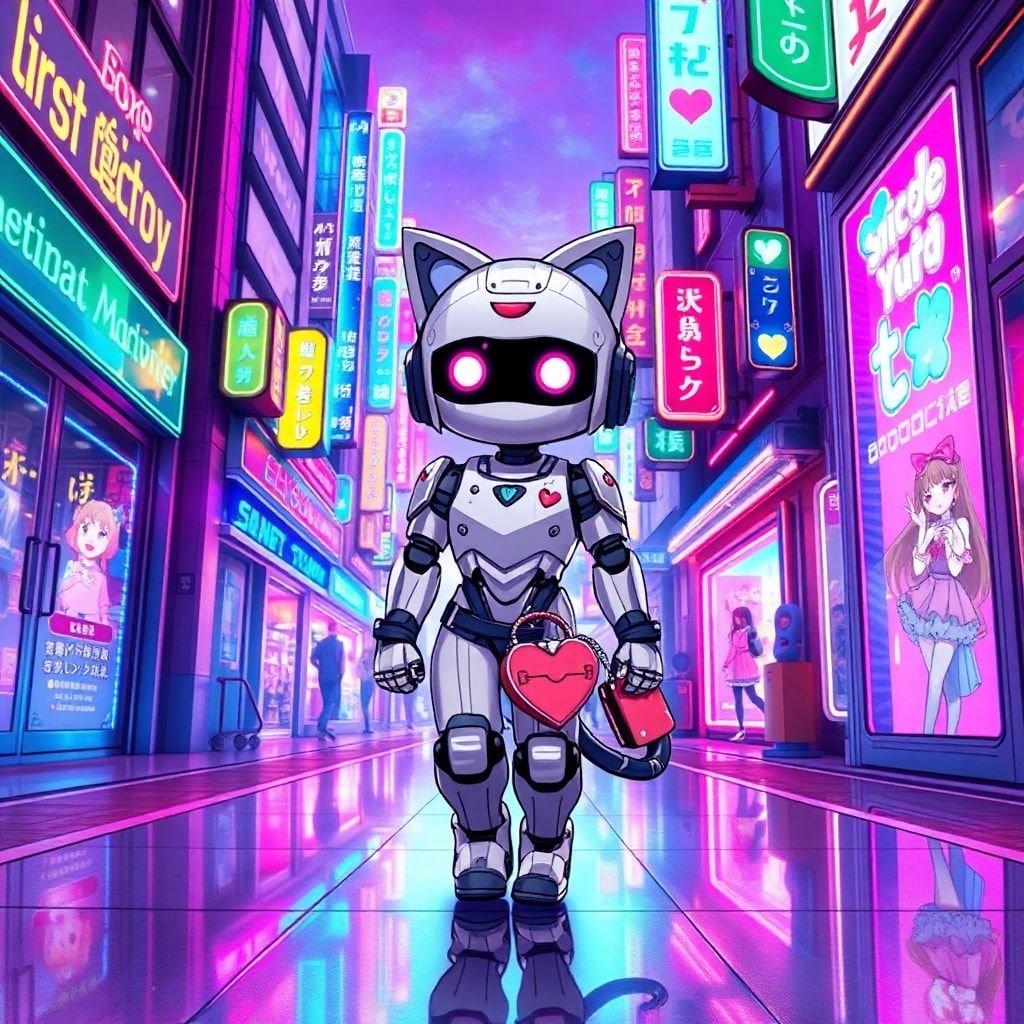 Dieser Anime-Stil Hintergrund zeigt einen Roboter mit Katzenohren und einer herzförmigen Tasche, vor einer lebhaften, neonbeleuchteten Straße. Das Bild ist eine fesselnde Mischung aus Anime- und Manga-Elementen, perfekt für Fans futuristischer und verspielter Kunst.