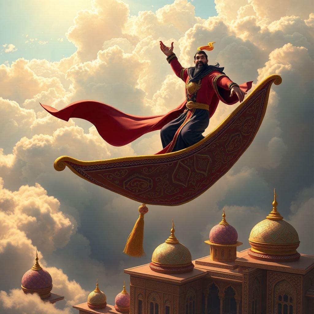 Join Aladdin on his magical adventure as he flies over the kingdom on a flying carpet, spreading joy and wonder. This image captures the spirit of Disney's beloved character soaring above the iconic palace structures in search of new discoveries.