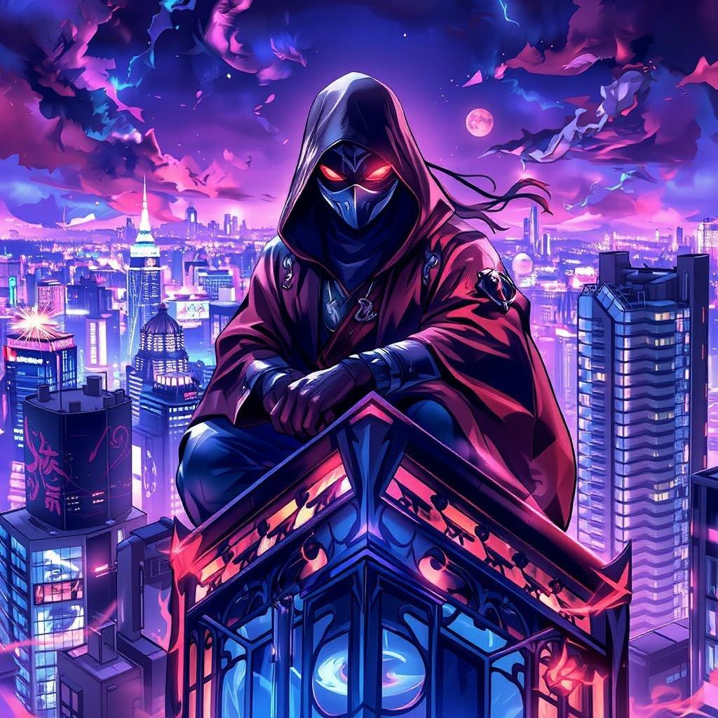 An enigmatic ninja sits atop a towering skyscraper, shrouded in mystery under the city's neon lights. The vibrant colors and intricate details of the building's facade add depth to this captivating scene.