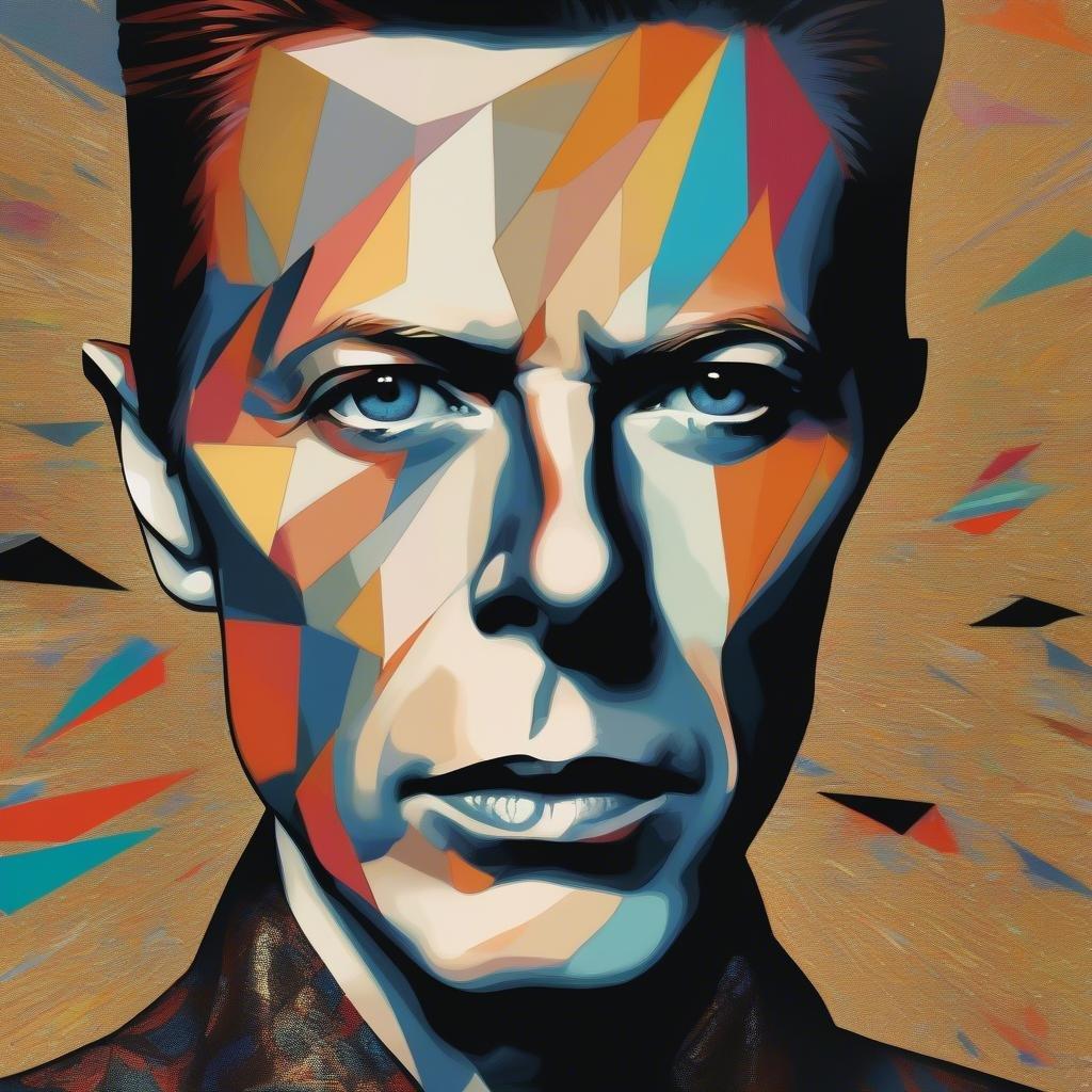 Este impresionante fondo de pantalla muestra el estilo icónico de David Bowie, con un diseño geométrico audaz y colorido que rinde homenaje a su estatus legendario en la industria musical.