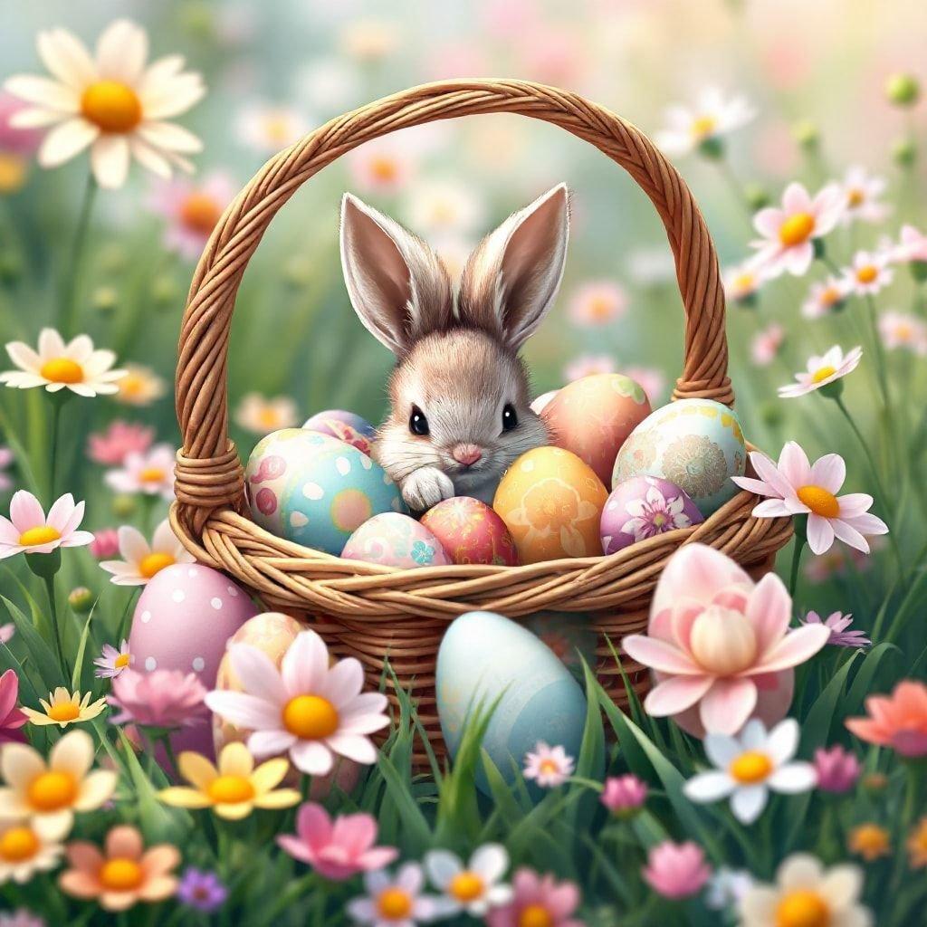 Add a touch of springtime joy to your desktop or mobile device with this adorable Easter bunny wallpaper. The cute bunny surrounded by colorful eggs in a basket is sure to bring a smile to your face. Perfect for the Easter season or any time you want to add a pop of color and whimsy to your device.