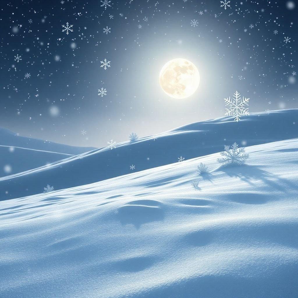 A tranquil scene of snowy hills under the glow of the full moon, a quintessential winter image.