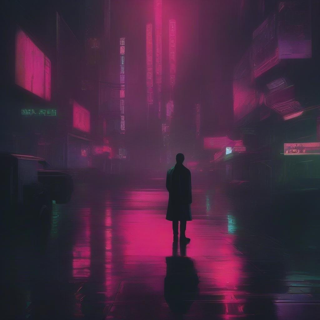 Streets glow with a purple hue, casting an otherworldly atmosphere on this rain-soaked cityscape reminiscent of 'Akira'. A solitary figure stands, perhaps lost in thought or simply enjoying the ethereal beauty of the digital dystopia.