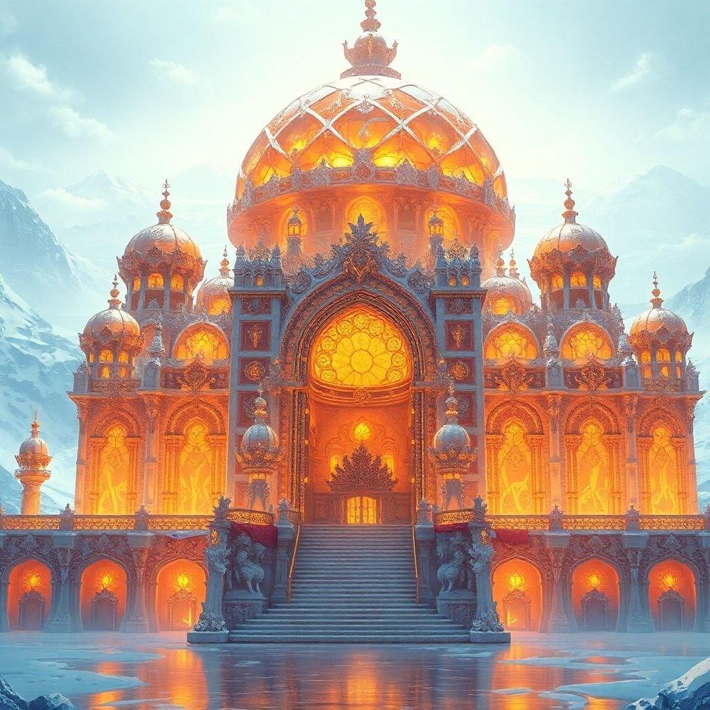 This stunning anime wallpaper features a majestic crystal palace set against a frozen wasteland, radiating warmth and beauty.