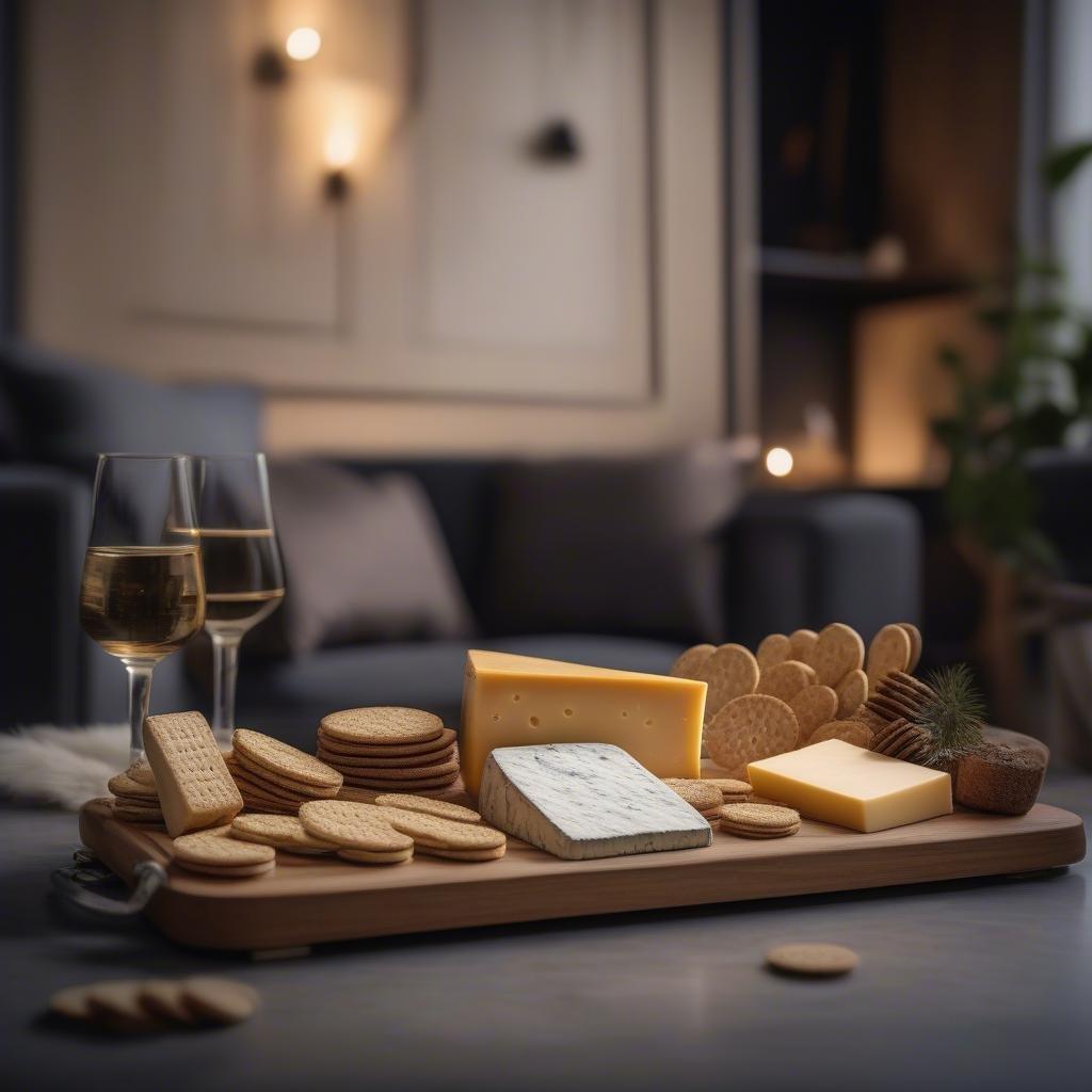 A cozy scene featuring a selection of cheeses, crackers, and wine. Perfect for an intimate evening at home.