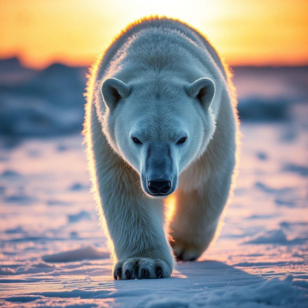 A majestic polar bear strides across the ice at dusk, its silhouette standing out against the vibrant colors of the sunset.