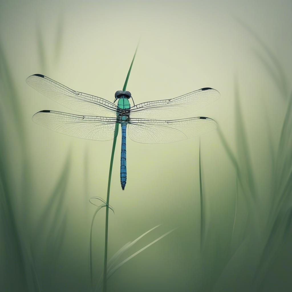 This digital rendering of a dragonfly, captured in mid-flight against a soft, misty backdrop, embodies the tranquil beauty often found in nature. The dragonfly's vibrant colors and perfect symmetry represent harmony and balance, which is an ideal for those seeking focus or relaxation. This wallpaper would be a peaceful addition to any desktop or mobile device.