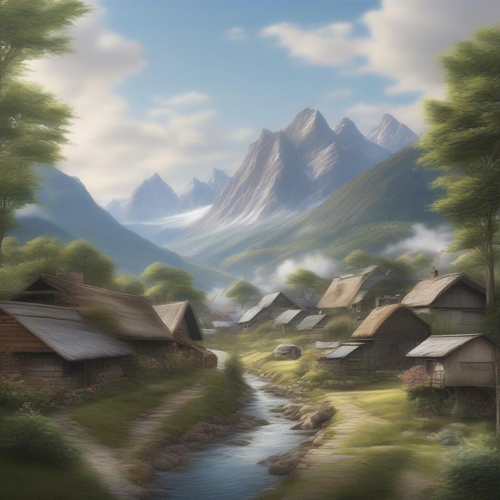 Immerse yourself in the serene beauty of this mountain village landscape wallpaper, perfect for desktop and mobile use.