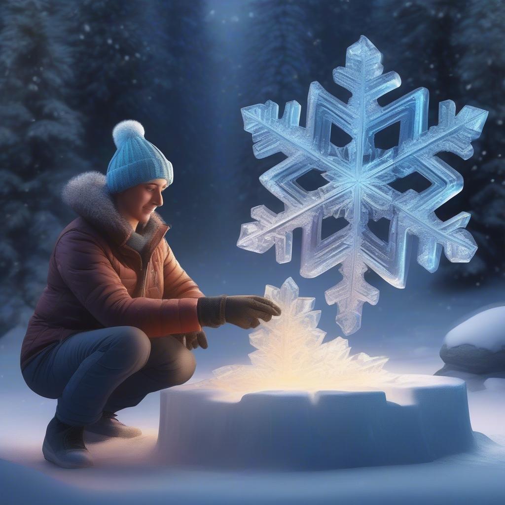 A festive winter night scene with a person enjoying the warmth of an ice lantern. The snowy landscape is transformed into a cozy spot to relax under a starry sky.