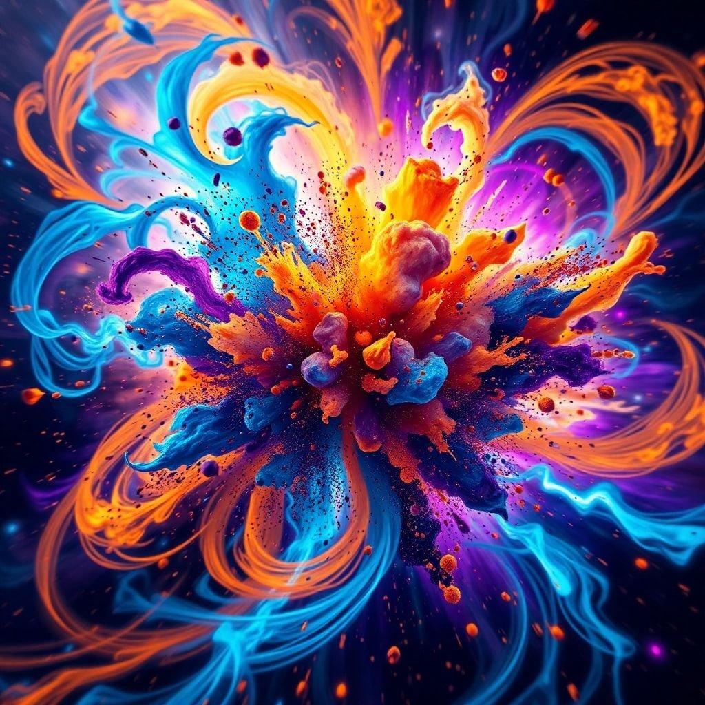 This abstract digital art piece captures the raw power of vivid hues blending together in an energetic explosion. The image evokes a sense of motion and chaos, with each colorful strand reaching out like tentacles towards the viewer. Perfect for desktop and mobile wallpapers to add a burst of creative energy to your devices.