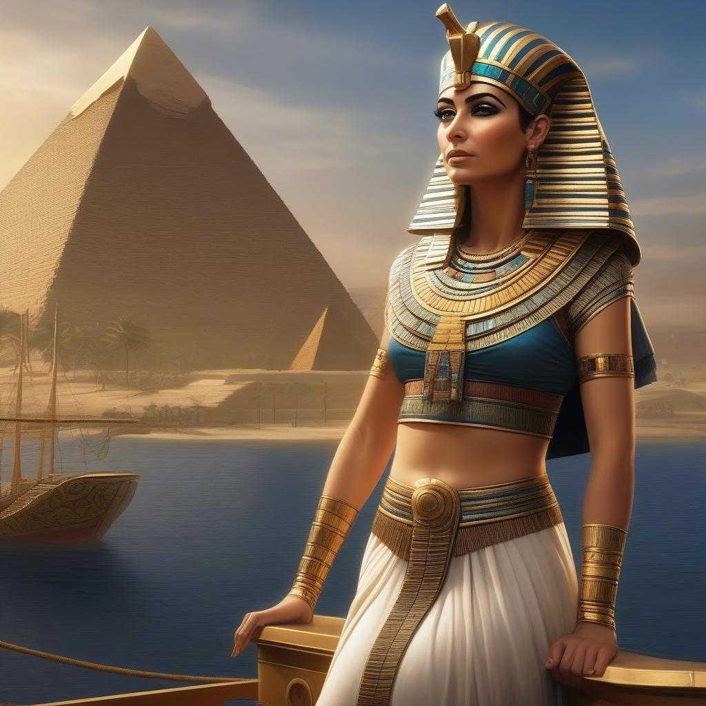 Egyptian queen standing at the edge of the Nile, with an iconic pyramid in the background.