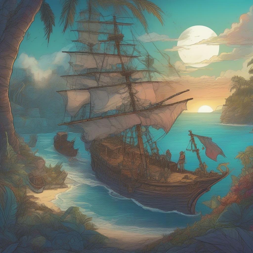 Setzen Sie die Segel zu einem Abenteuer durch die tropischen Inseln bei Sonnenuntergang mit diesem Piratenschiff-Hintergrundbild.