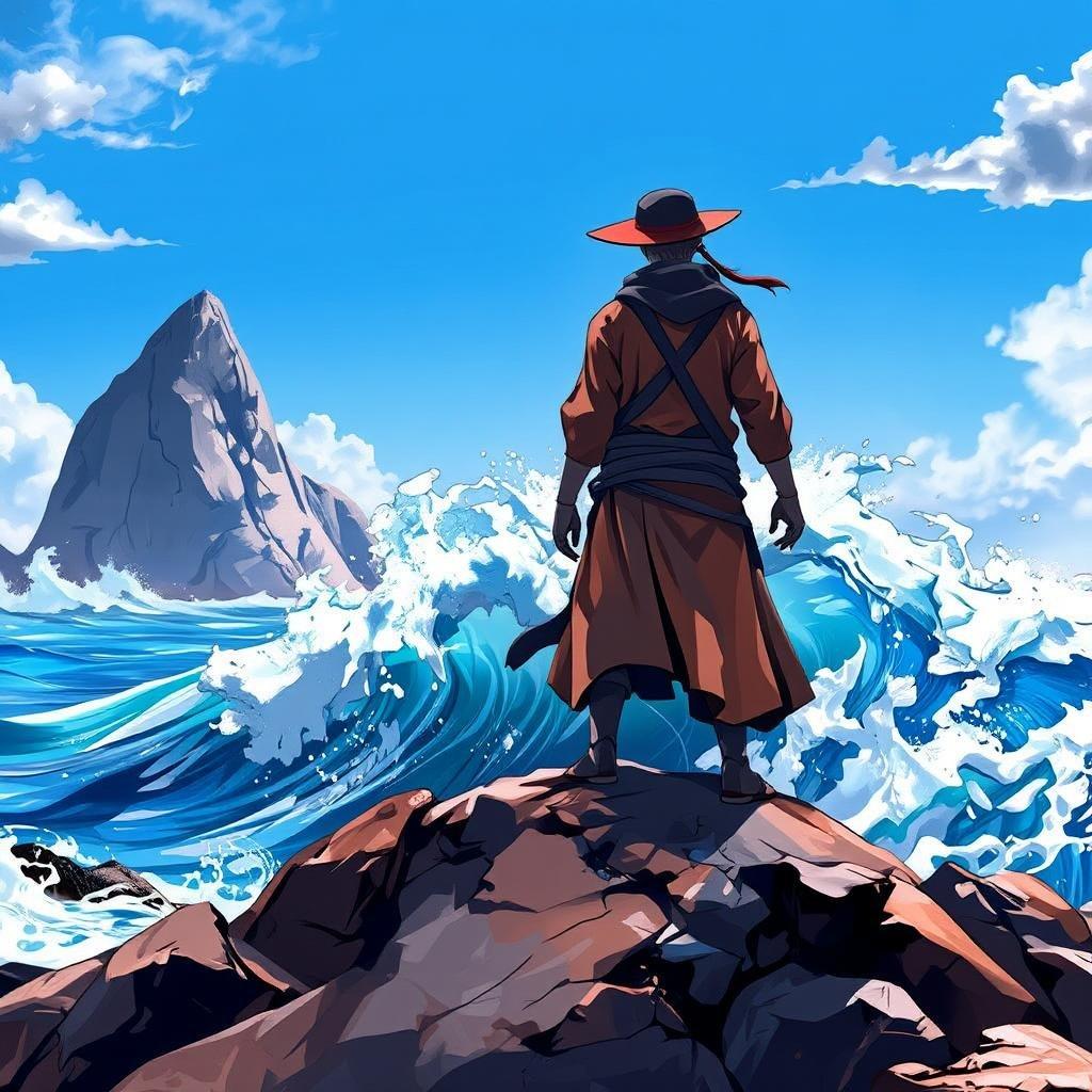 This anime-style wallpaper features a lone ninja warrior standing on top of a great wave, facing towards the right. The waves are crashing onto a rocky shoreline, with a large rock formation in the background to the left. The ninja is a tan color and has a black hat on its head, with a red hat on its head. The ocean is a deep blue, with small waves forming around it. The sky above is bright blue, with a few clouds.