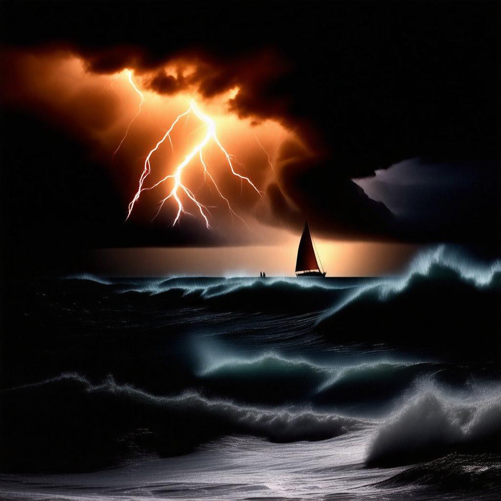 This stunning landscape wallpaper captures the beauty of a stormy seascape, with a sailboat navigating through turbulent waters under a dramatic sky.