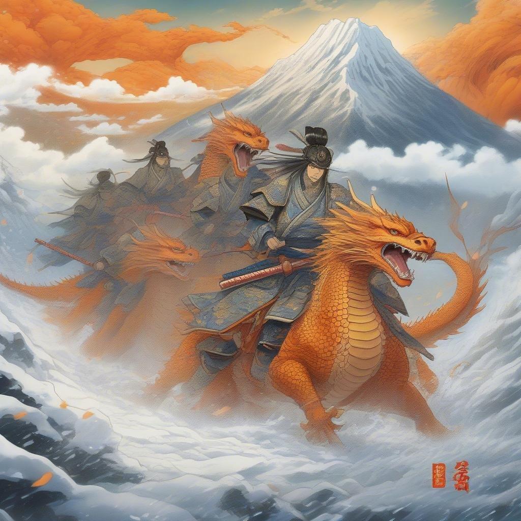 Tauchen Sie ein in dieses fesselnde Anime-Hintergrundbild mit Samurai-Kriegern, die auf einem majestätischen Drachen reiten, während ein Schneesturm tobt.