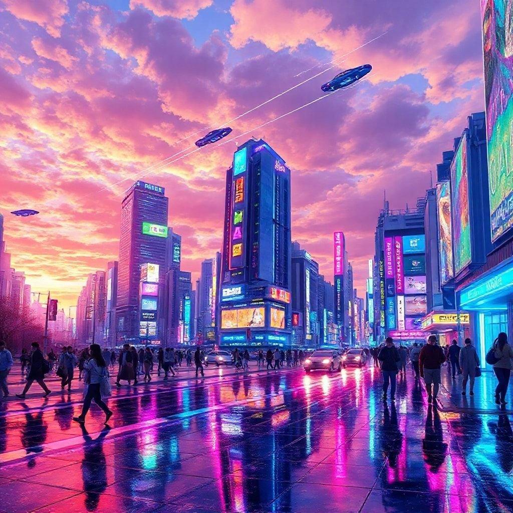 Gün batımında Tokyo'nun neon ışıklarıyla aydınlatılmış futuristik şehir manzarasını yakalayan canlı bir dijital illüstrasyon. Şehrin ışıkları, insanlar sokaklarda yürürken yağmurla ıslanmış kaldırımlarda yansıyor. Teknolojinin ve doğanın bir arada var olduğu bir anın kesiti.