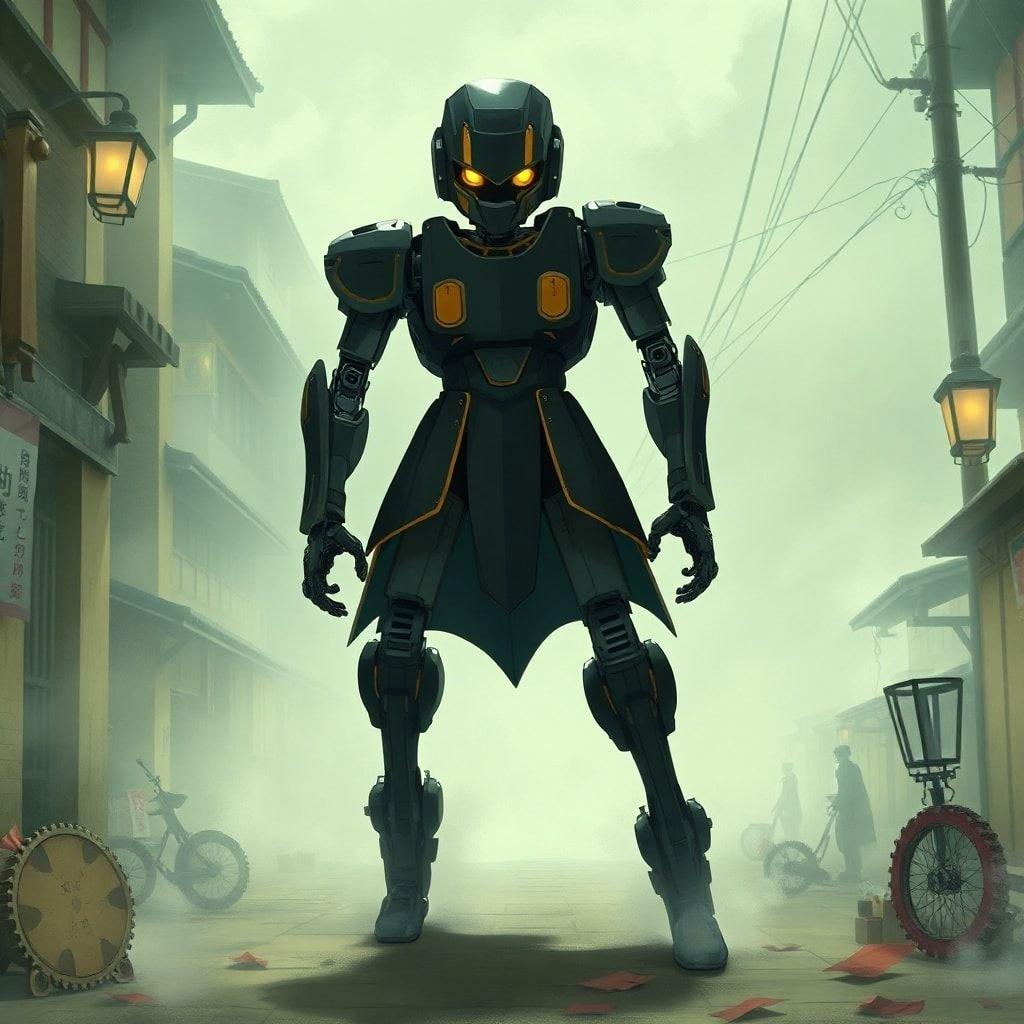 A detailed digital illustration of a robot navigating through the foggy streets of an Edo-era Japan, with intricate gears and pipes on its legs and bright yellow eyes.