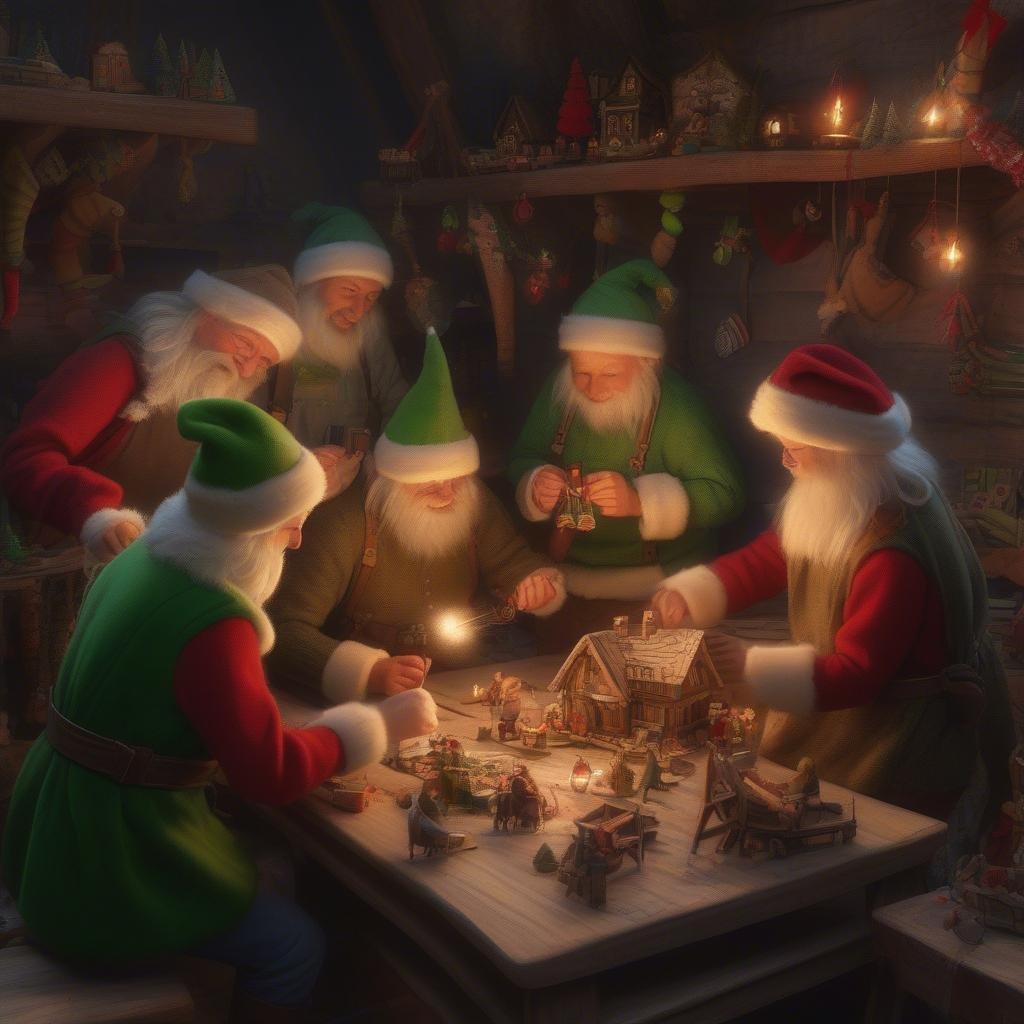 Get into the holiday spirit with this festive wallpaper featuring Santa's workshop in full swing. The image showcases a group of elves busily crafting gifts for the holiday season, surrounded by the cozy and magical atmosphere of the North Pole.