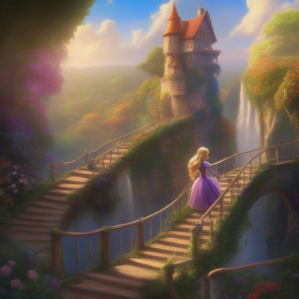 In this enchanting scene, the beloved Disney princess Belle walks across a stone bridge with flowering vines. The magical castle in the background adds to the fairy tale ambiance of the image.