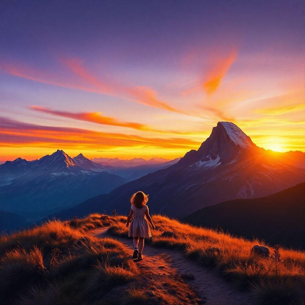 A young girl walks towards the sunrise with majestic mountains in the distance, making this a serene and adventurous scene to celebrate Father's Day.