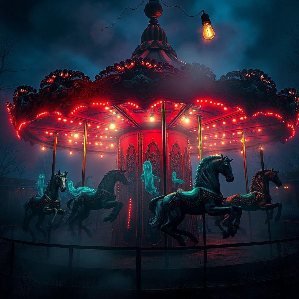 A hauntingly beautiful scene, where the spirits of a bygone era come alive under the moonlit glow of a fairytale carousel. With ghosts galloping alongside their spectral counterparts, this image captures the eerie charm of Halloween night.