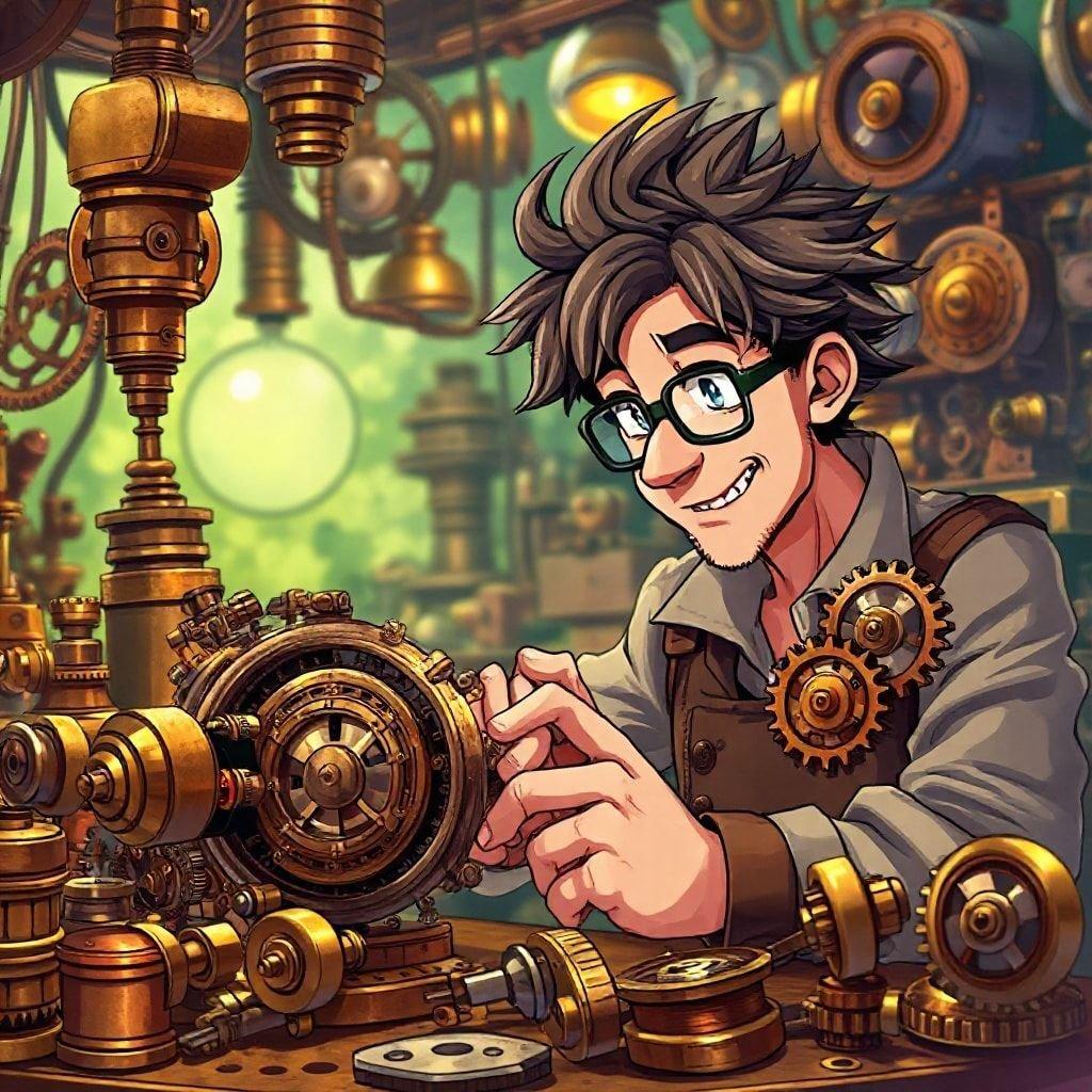 Denna detaljerade digitala illustration visar det passionerade arbetet av en steampunk-inventor som är djupt försjunken i sitt hantverk. De intrikata kugghjulen och maskinerna är stjärnorna i denna bild, som är placerad mot bakgrunden av ett rörigt laboratorium fyllt med varma nyanser av brunt och grönt. Konstnären har lagt stor vikt vid varje detalj, från det glänsande mässing av kugghjulen till det slitna lädret av uppfinnarens verktyg. Denna bakgrundsbild är perfekt för skrivbord och mobilanvändning, särskilt för fans av anime och steampunk-estetik.