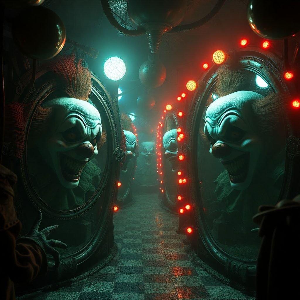 A haunting image of a clown's face in a mirror, surrounded by red lights, creating an ominous and unsettling atmosphere.