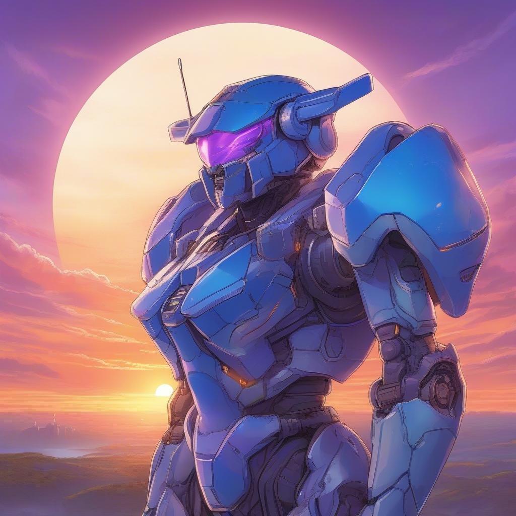 En detaljeret anime-illustration af en mecha-pilot, der står mod en betagende solnedgang. Karakteren, iført blå og lilla rustning, ser ud mod den varme glød fra den nedgående sol, hvilket skaber en eterisk scene på planetens overflade.