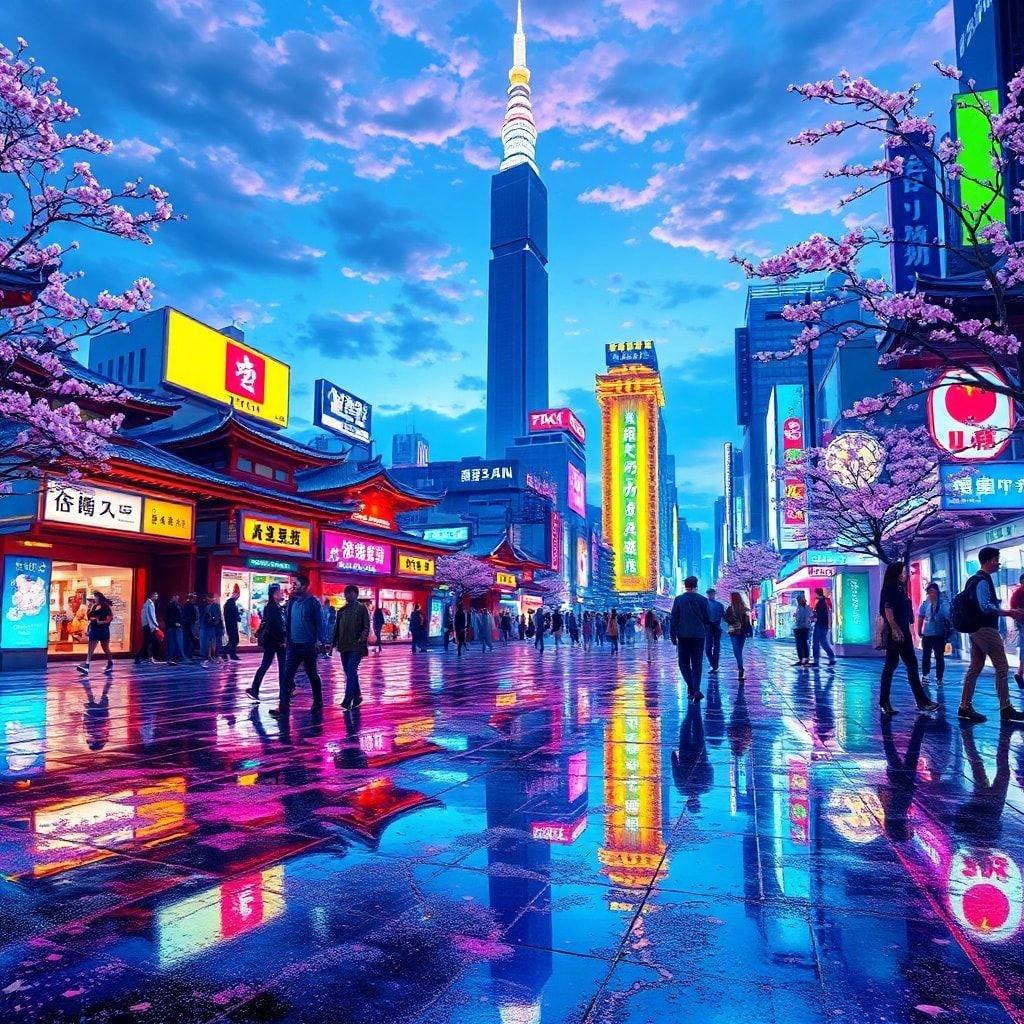 Découvrez l'énergie vibrante du paysage urbain de Tokyo au crépuscule, où des éléments modernes et traditionnels se mêlent dans un affichage captivant de lumières au néon et de reflets.