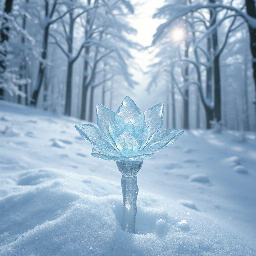 A serene winter scene featuring a frozen lotus flower blooming amidst the snow. The tranquil beauty of nature captured in a single, delicate blossom standing tall on the snowy ground.