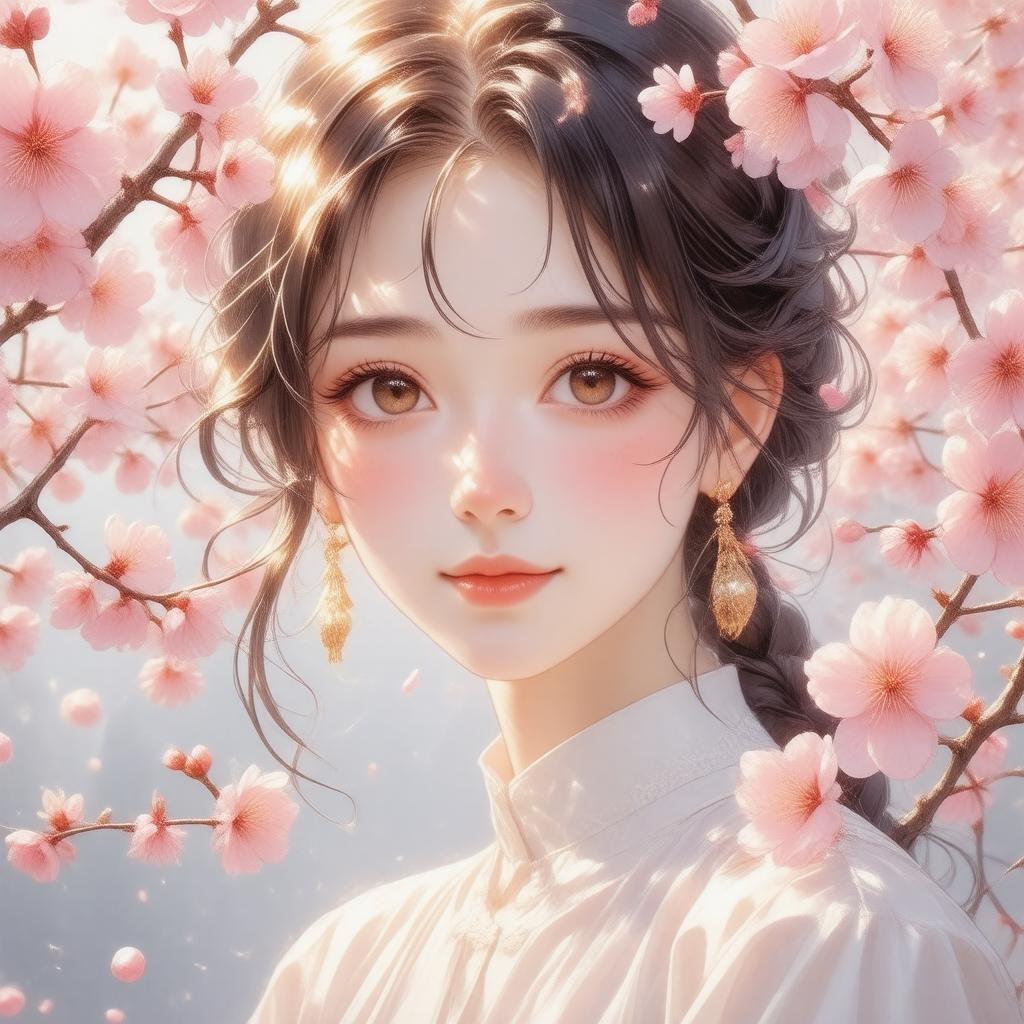 A poised anime girl in traditional attire gazes serenely at the viewer amidst a vibrant backdrop of pink cherry blossoms and radiant sunlight, creating a captivating tableau of tranquil elegance.