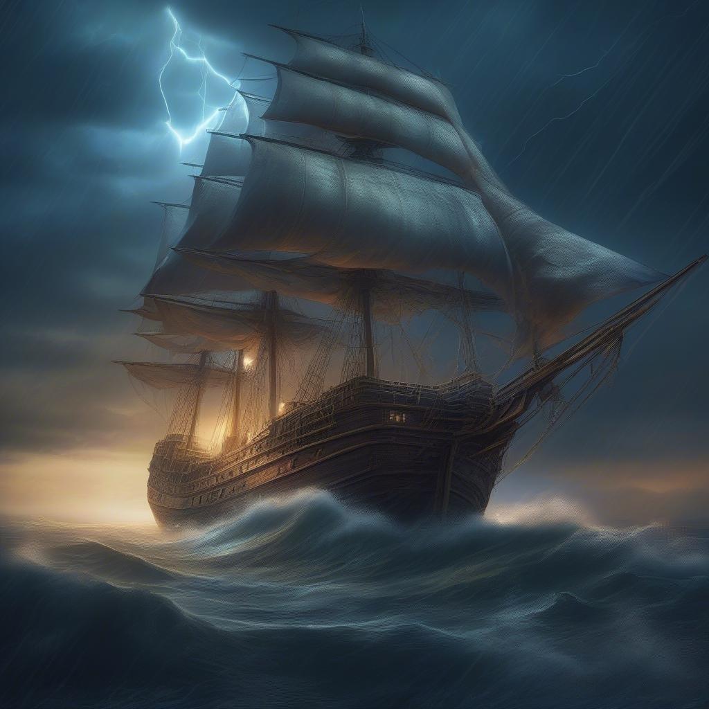 A dramatic image of a ship sailing through a stormy sea, with lightning illuminating the dark sky.