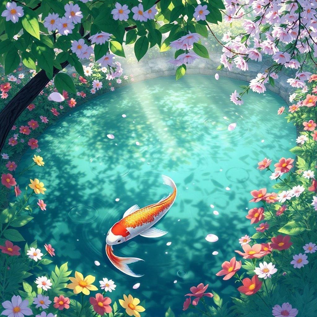 Immerse yourself in the serene beauty of this anime-style koi pond wallpaper, featuring a majestic koi fish swimming beneath a lush garden of greenery. The tranquil scene, with its harmonious colors and detailed composition, captures a peaceful moment in nature, perfect for desktop and mobile use.