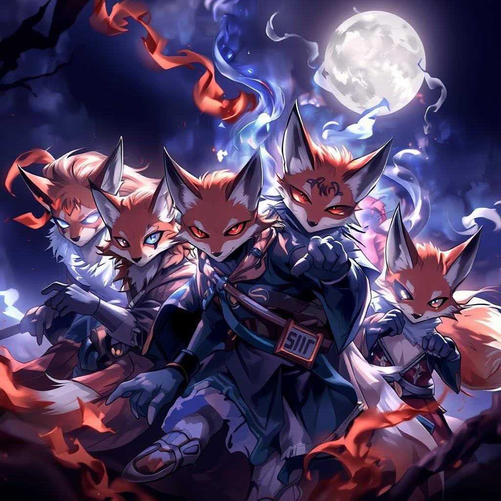 Get ready to be enchanted by this captivating anime wallpaper featuring a group of mischievous fox spirits. Their energetic movements capture a prank of unsuspecting travelers, set against a dark background with a bright light source adding a magical aura to the scene.