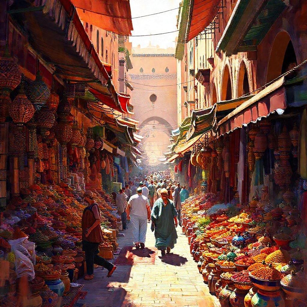 Cette scène animée capture l'atmosphère vivante d'une journée de marché à Marrakech, au Maroc. Les ruelles étroites sont remplies de locaux et de touristes, explorant les riches offres d'épices, de cuir et d'objets artisanaux. Les couleurs sont aussi vives que la culture marocaine qu'elles représentent, faisant de cette image un fond d'écran parfait pour célébrer l'aventure et la diversité culturelle.