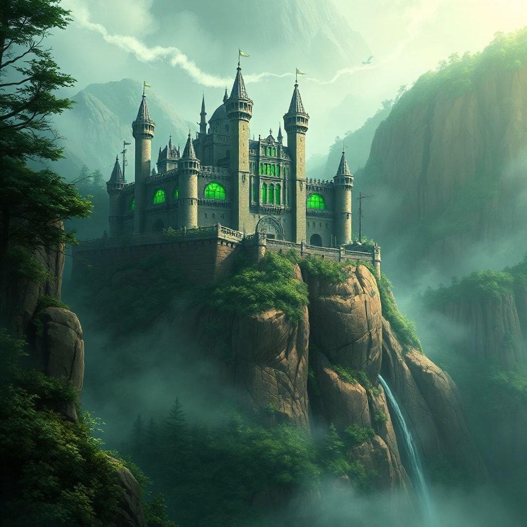 Get lost in the mystical world of anime with this stunning castle on cliff wallpaper, featuring a majestic castle with piercing green eyes, set against a backdrop of green and brown hues.