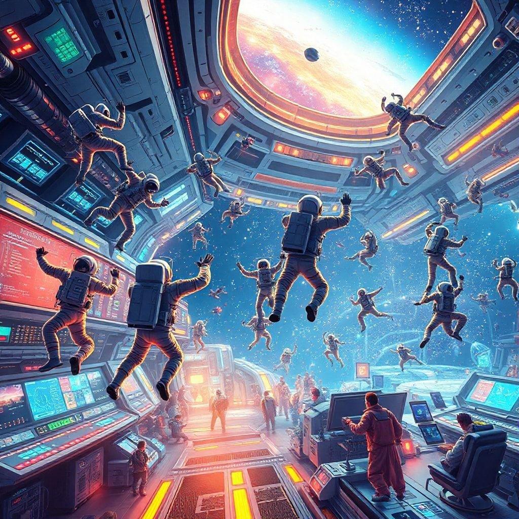 Un dessin animé célébrant les merveilles de l'exploration spatiale, avec des astronautes dans diverses poses sur un panneau de contrôle qui mène à un tunnel spatial.