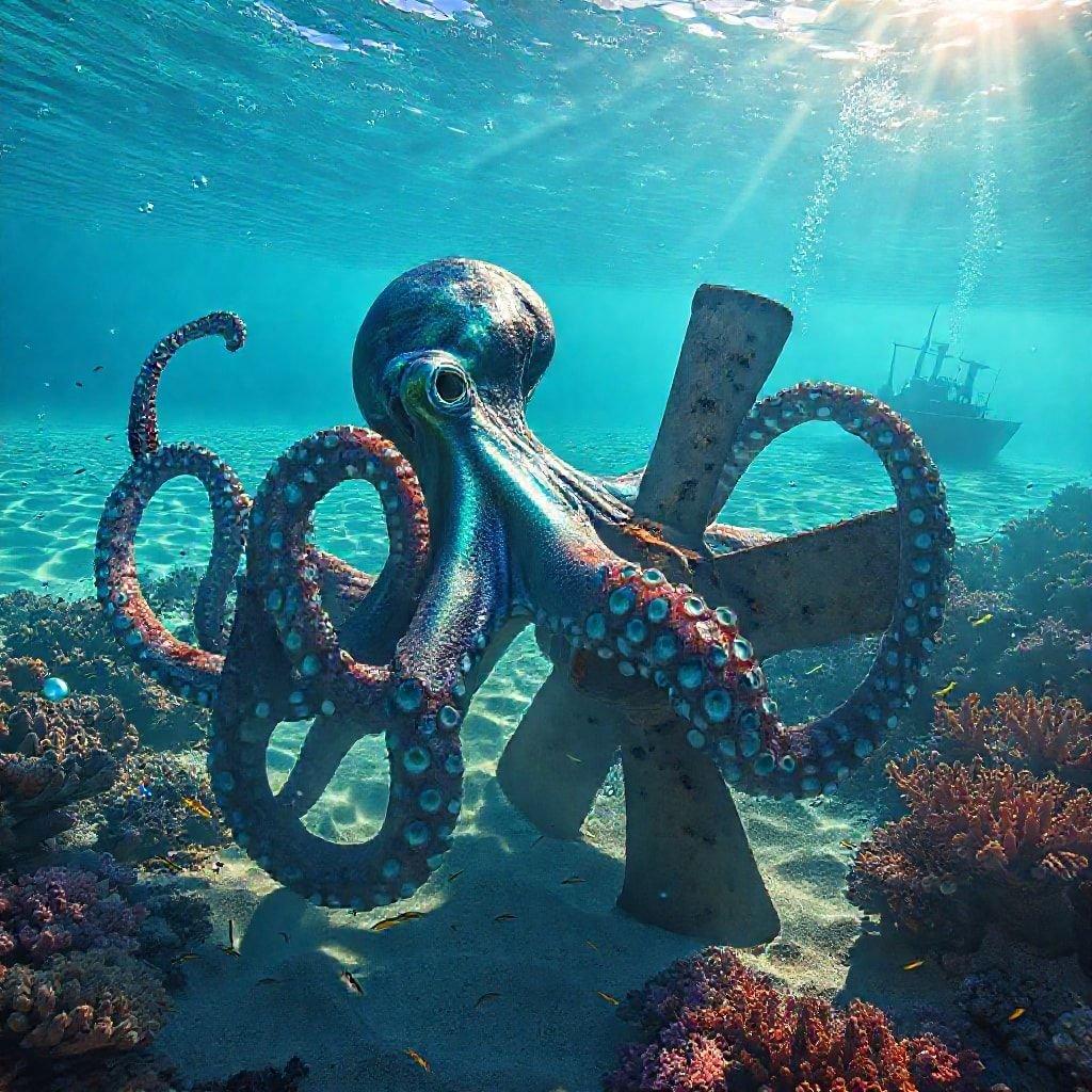 Sumérgete en las profundidades con esta hipnotizante vista submarina. Observa cómo los pulpos nadan con gracia, sus cuerpos azules contrastando bellamente con el arrecife de coral debajo.