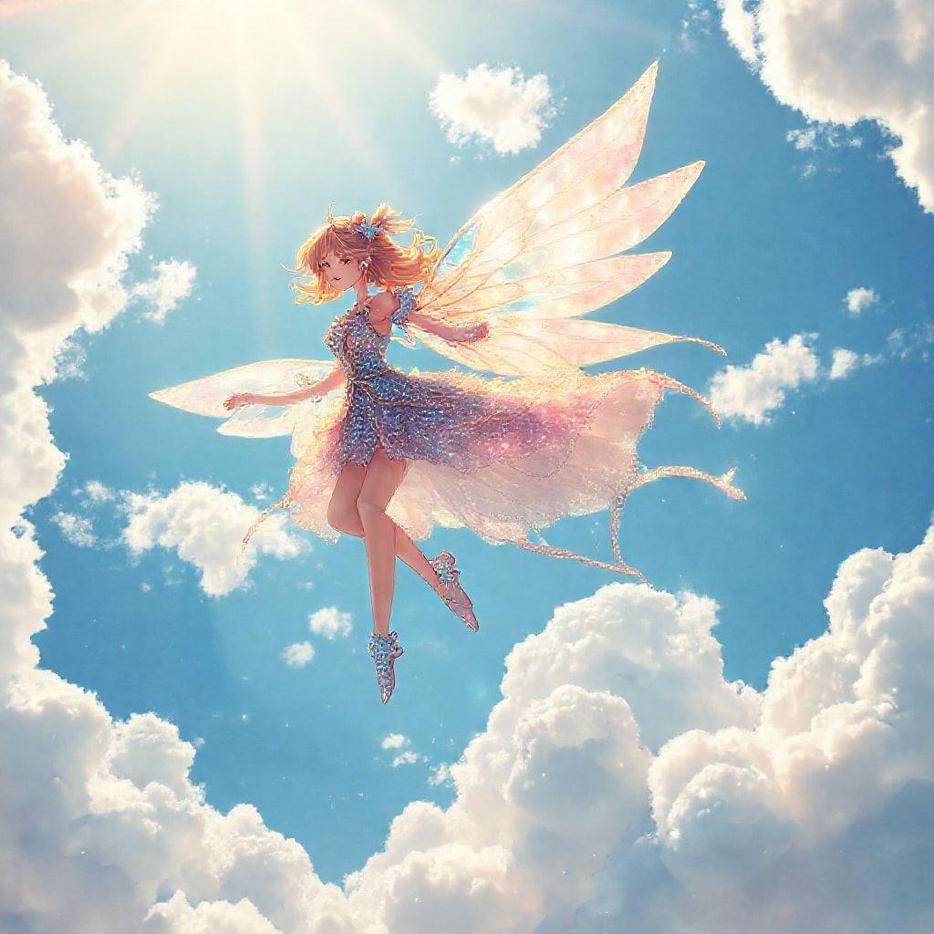 A delightful anime character takes flight against the backdrop of a serene sky, adorned with gentle clouds. Her wings spread wide, she exudes a sense of joy and freedom that is sure to brighten any desktop or mobile device. Enjoy the magical beauty of this enchanting wallpaper!