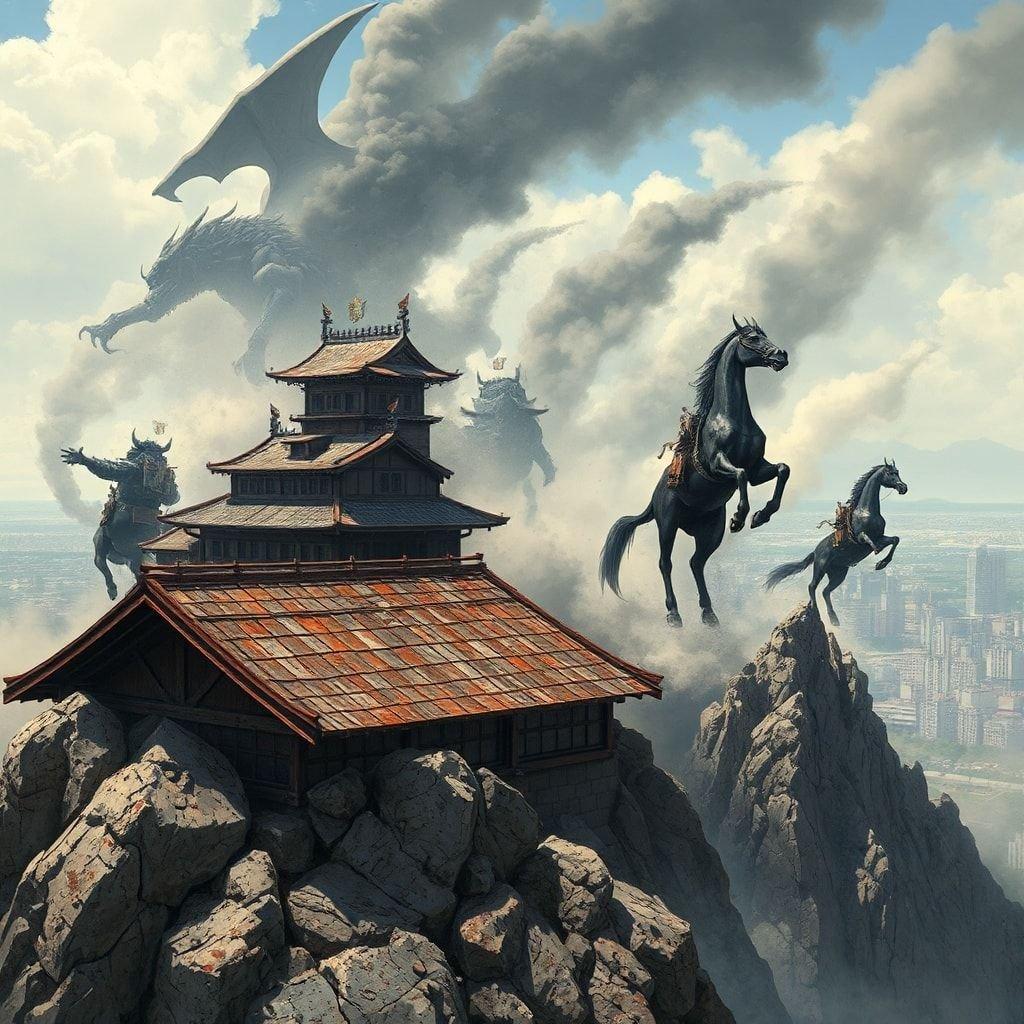 This anime illustration depicts a feudal Japanese castle under siege by a large horse of mechanical demons. The foreground features a rocky outcrop with a rusted metal roof, while the background showcases a hazy sky and a distant cityscape.