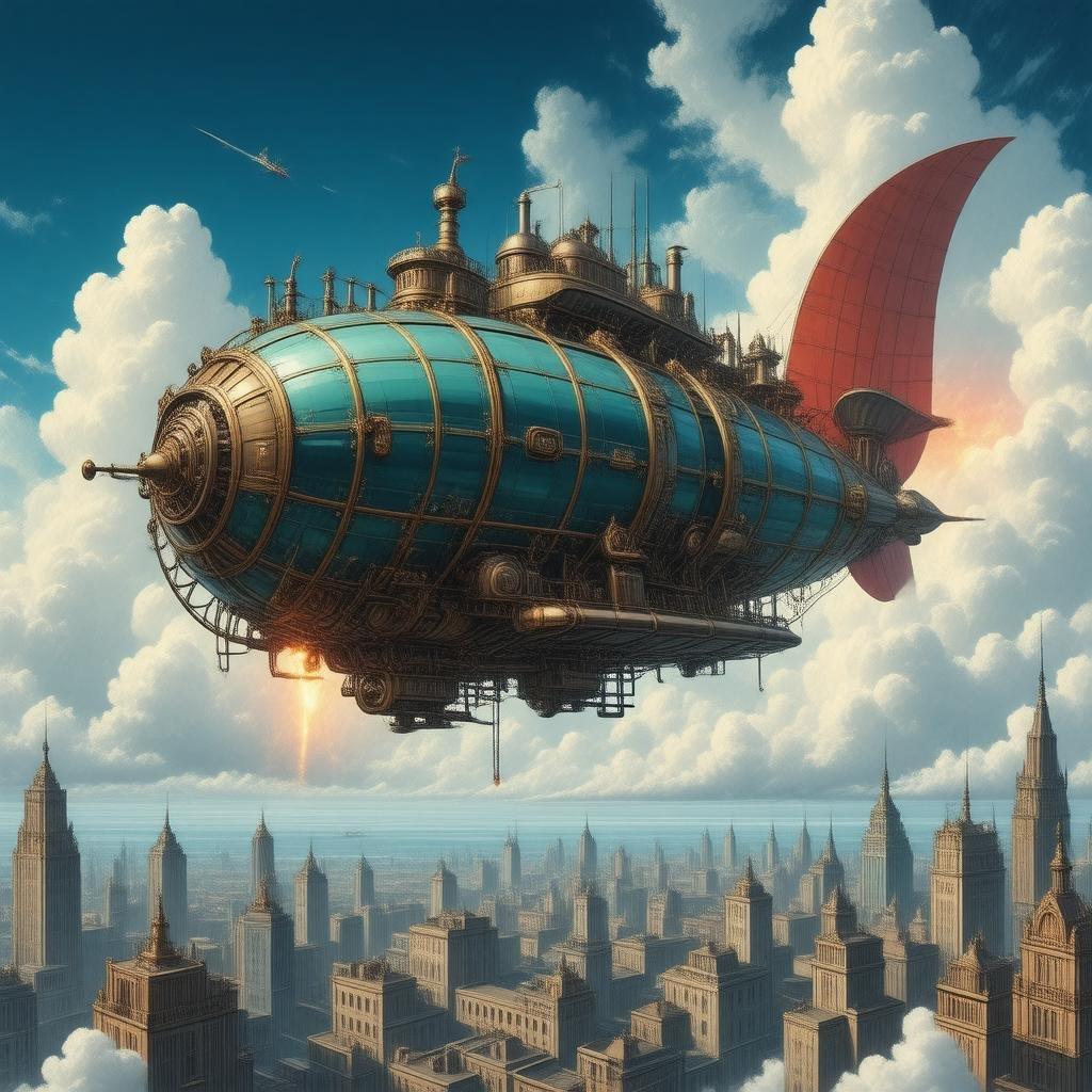 En detaljeret digital illustration, der viser et steampunk-inspireret luftskib, der svæver over en fantastisk storby. Skibet, kendetegnet ved sine blå og grønne nuancer, er prydet med intrikate designs og en slående rød hale. Dette billede fanger essensen af steampunk-anime og blander elementer af fantasi og industriel design.