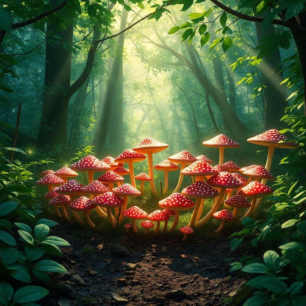 A captivating scene from a mystical forest, where the path is lit by a radiant glow amidst the vibrant mushrooms.