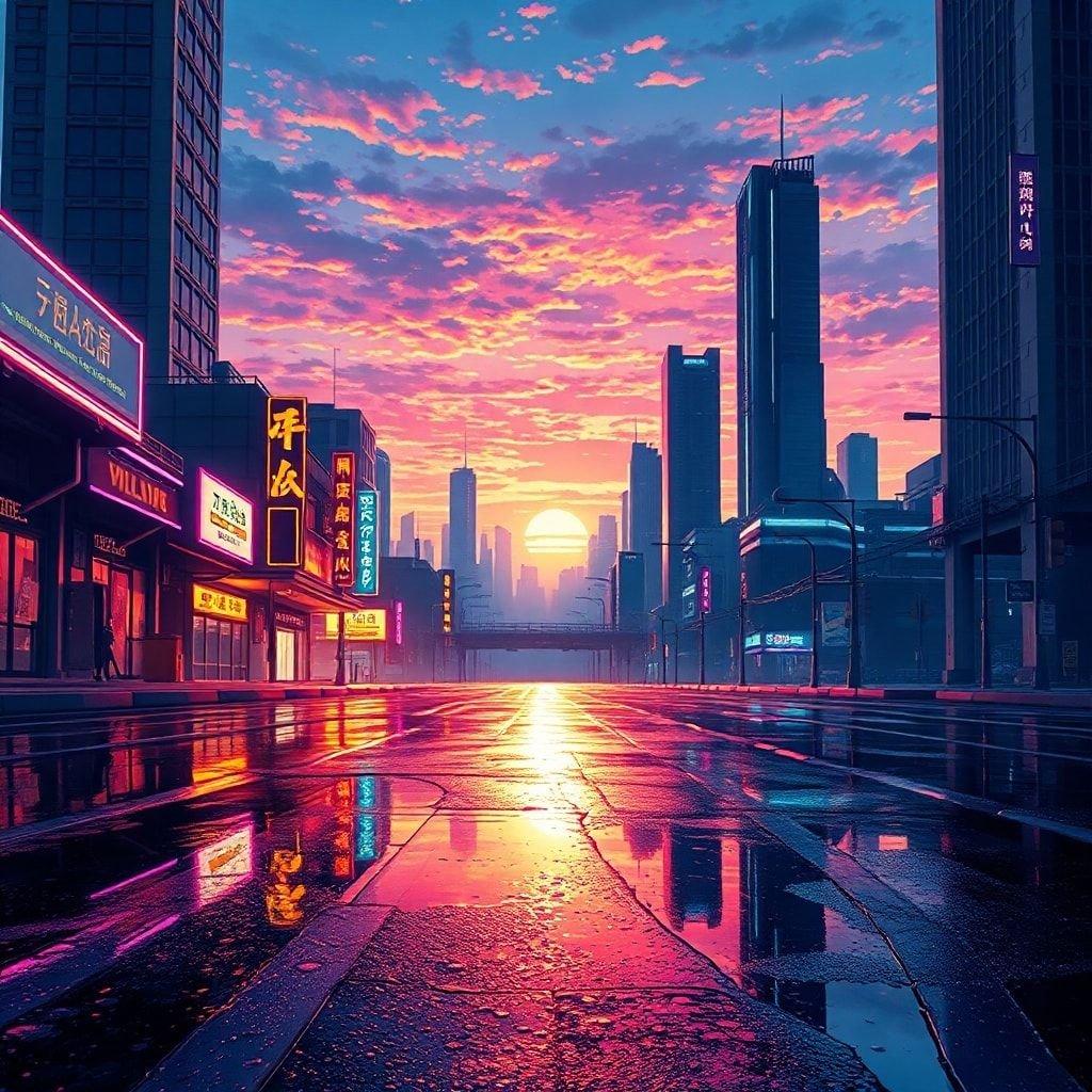 Experience the vibrant energy of an anime city at dusk with this stunning wallpaper. The wet, reflective road and bright neon light in the foreground set the tone for a futuristic and dynamic atmosphere, while the distant skyscrapers and sunset sky create a sense of anticipation and wonder.