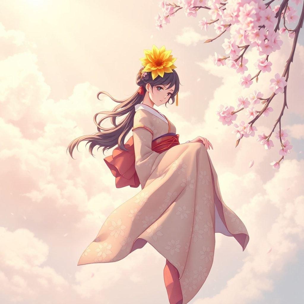 Une scène enchanteresse se déploie alors qu'une gracieuse geisha s'élève dans un ciel nuageux, ornée d'une vibrante fleur jaune dans les cheveux. Elle est entourée d'une pluie de fleurs de cerisier roses, dont les délicats pétales ajoutent à l'atmosphère éthérée. L'œuvre d'art intègre harmonieusement des éléments de la nature et de la technologie, créant une pièce visuellement harmonieuse qui incarne la tranquillité de la fantaisie inspirée de l'anime.