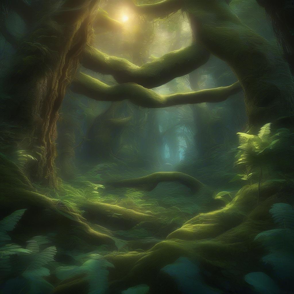 Immerse yourself in the mystical world of this 3D art wallpaper, featuring a lush forest with towering trees and vibrant plants.