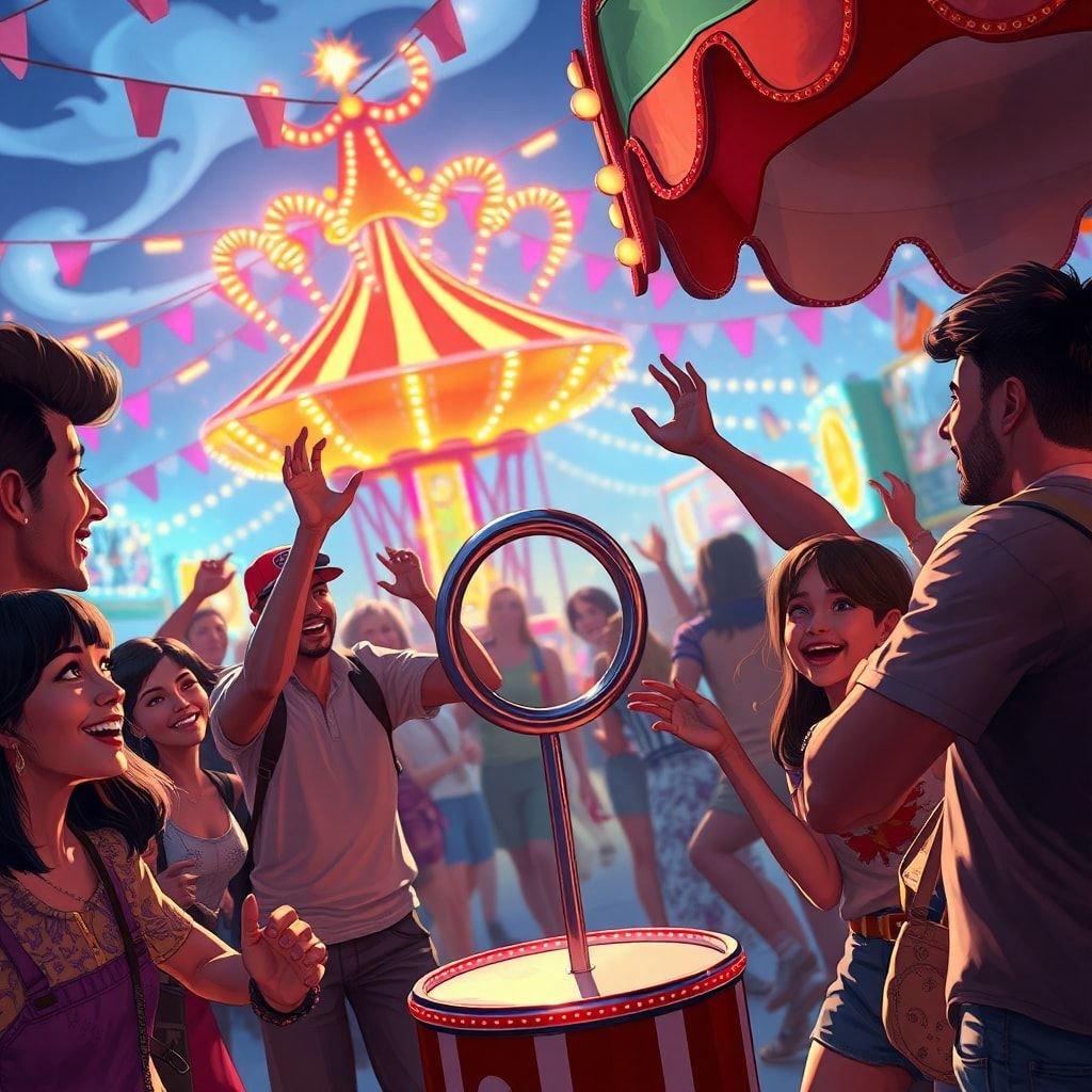 Lively scene at the carnival with people enjoying games and attractions. A festive atmosphere with colorful lights and decorations.