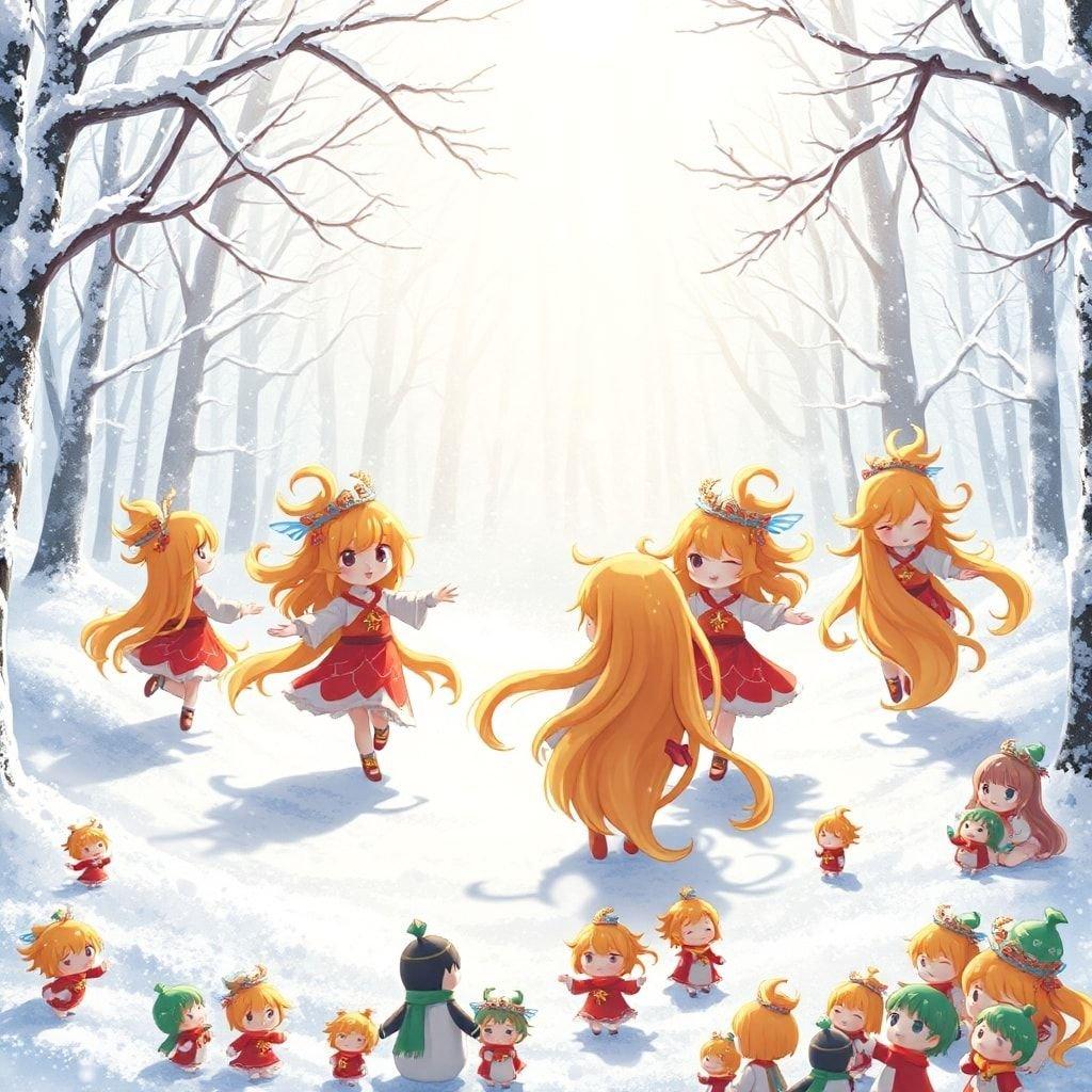 Dieser Hintergrund zeigt eine Gruppe niedlicher Yuki-onna-Geister in einem verschneiten Wald, deren lebhaftes orange und gelbes Haar im Kontrast zu dem Winterwunderland steht.