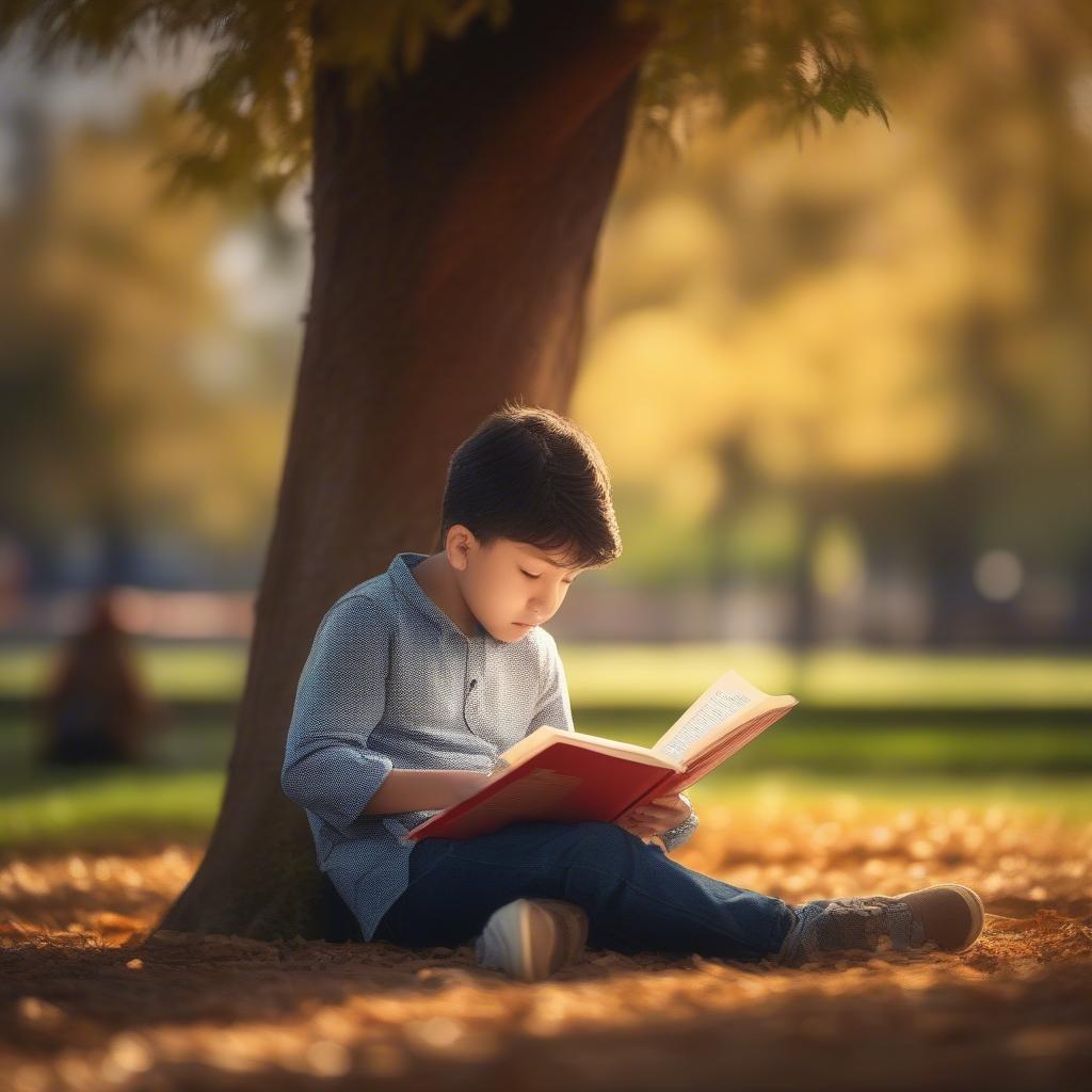 A young boy engrossed in a book, enjoying the peaceful atmosphere of a park. A perfect back-to-school wallpaper for students and teachers alike.