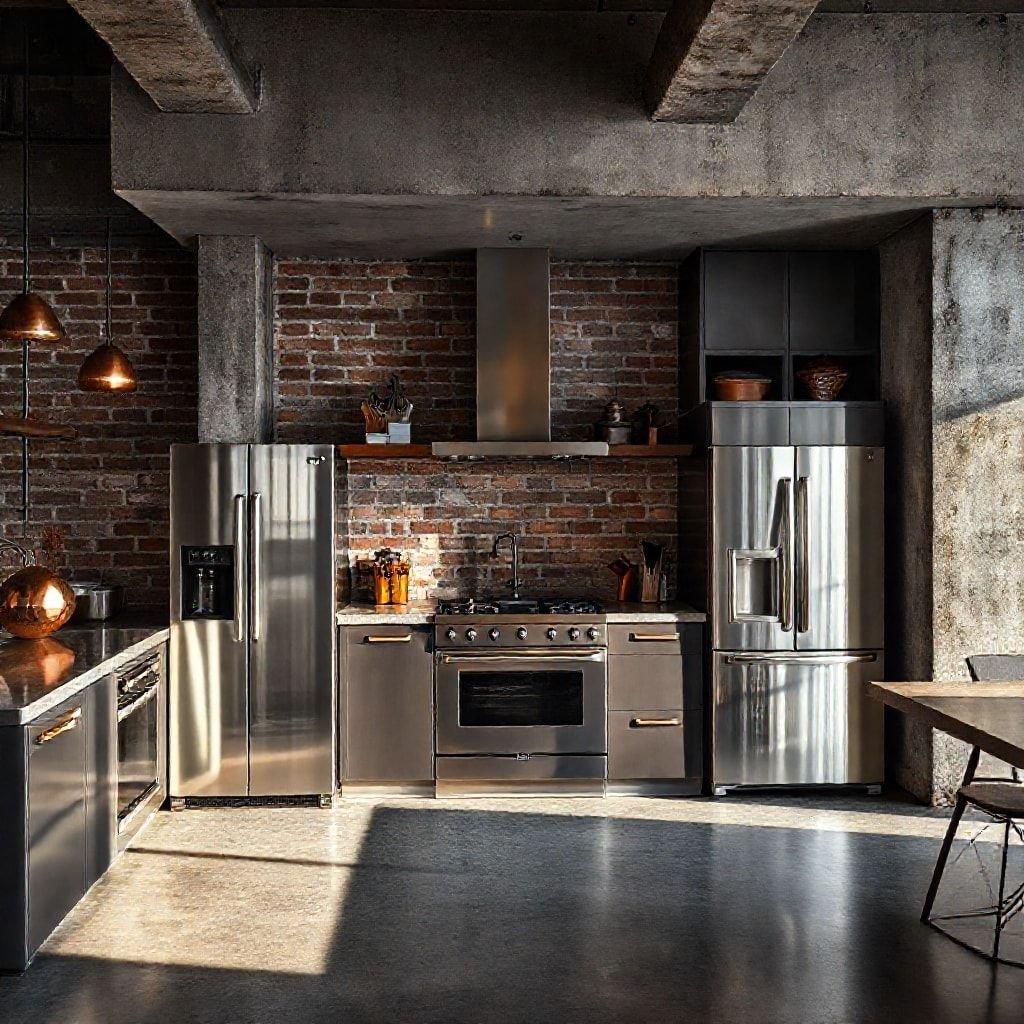 This kitchen boasts modern stainless steel appliances that exude a sleek, industrial style. The clean lines and shiny surfaces suggest a well-kept space where cooking could be both efficient and enjoyable.